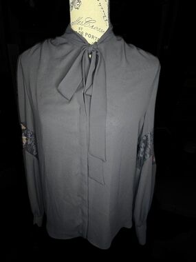 Express Gray Tie-Neck Blouse with Lace Elbow Insets